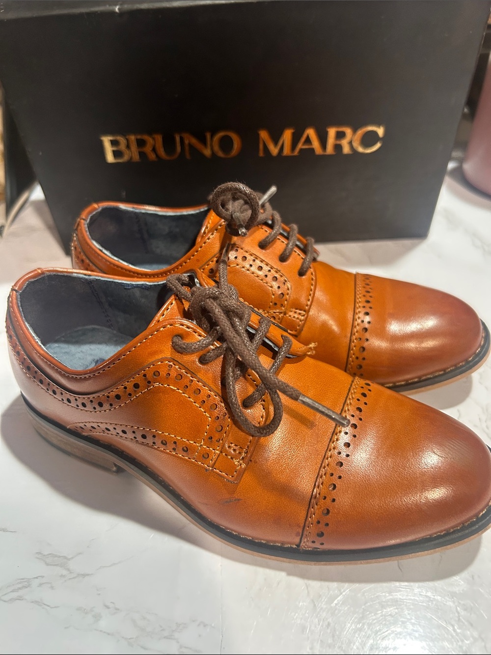 Bruno Marc Kids Tan Leather Wingtip Oxfords